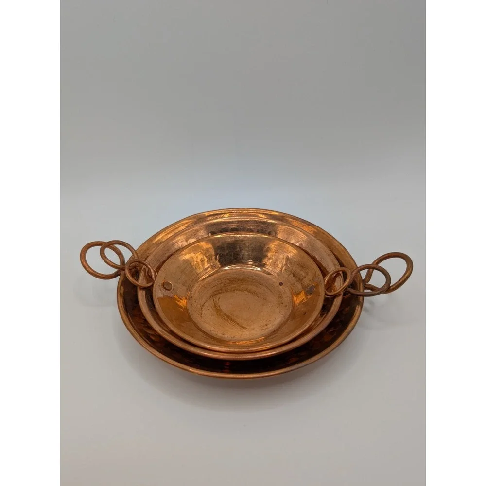 Vintage Mini Copper Cazo Set of 3 Hammered Mexican Style Cazo Pans